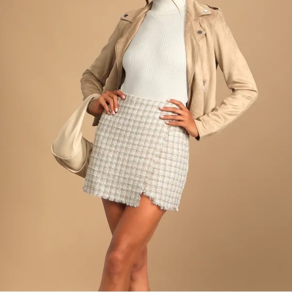 Lulus Preppy Reputation Ivory Plaid Tweed Faux-Wrap Mini Skirt - Picture 3 of 5